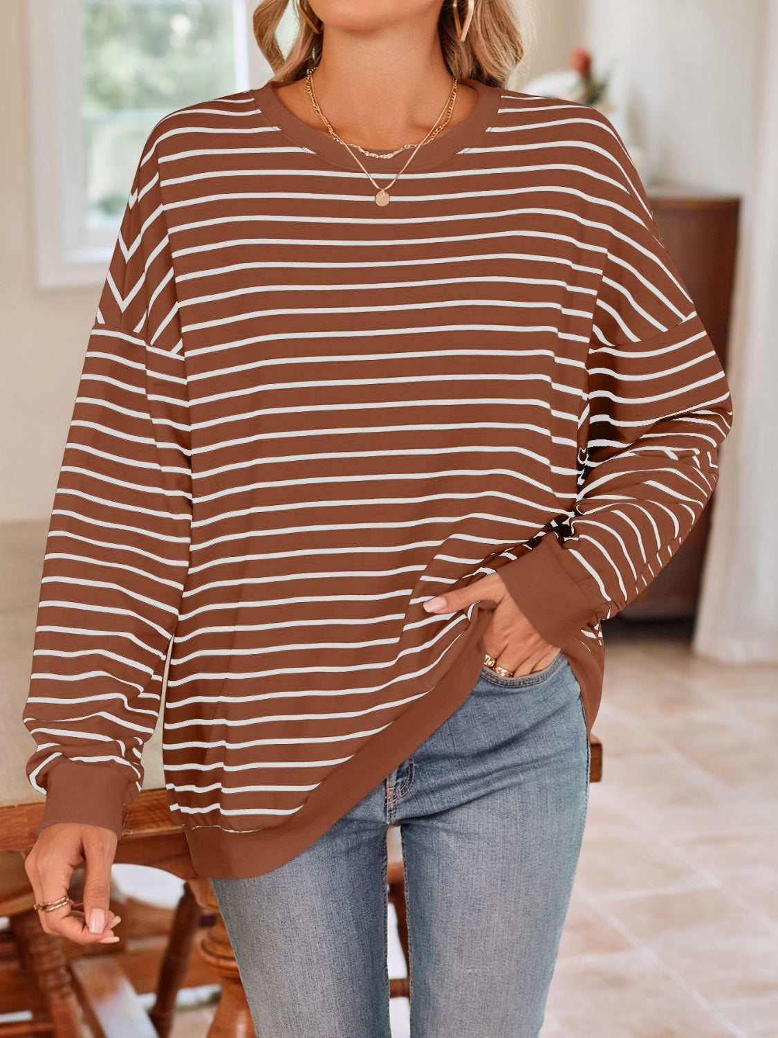 Striped Round Neck Long Sleeve Sweatshirt