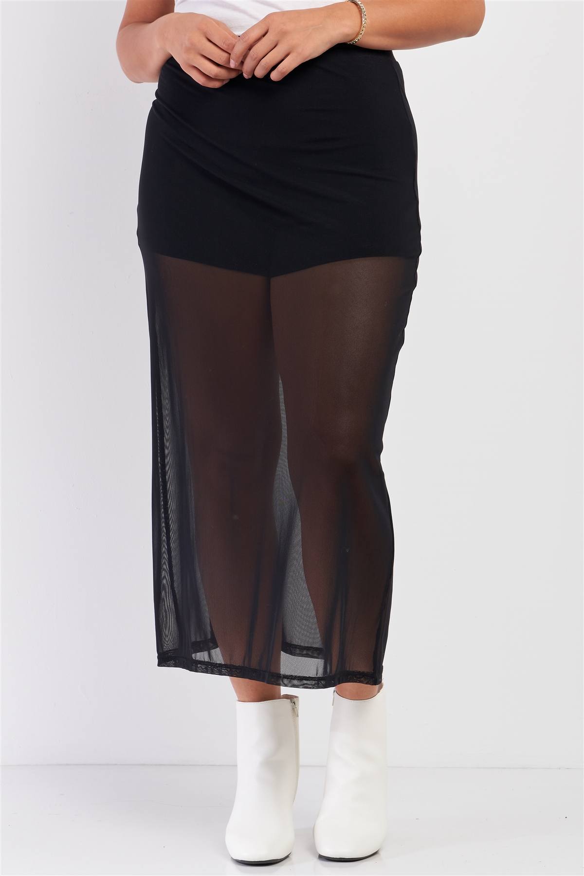 Plus Black High Waisted Sheer Mesh Underskirt Midi Skirt - Keep It Tees Shop