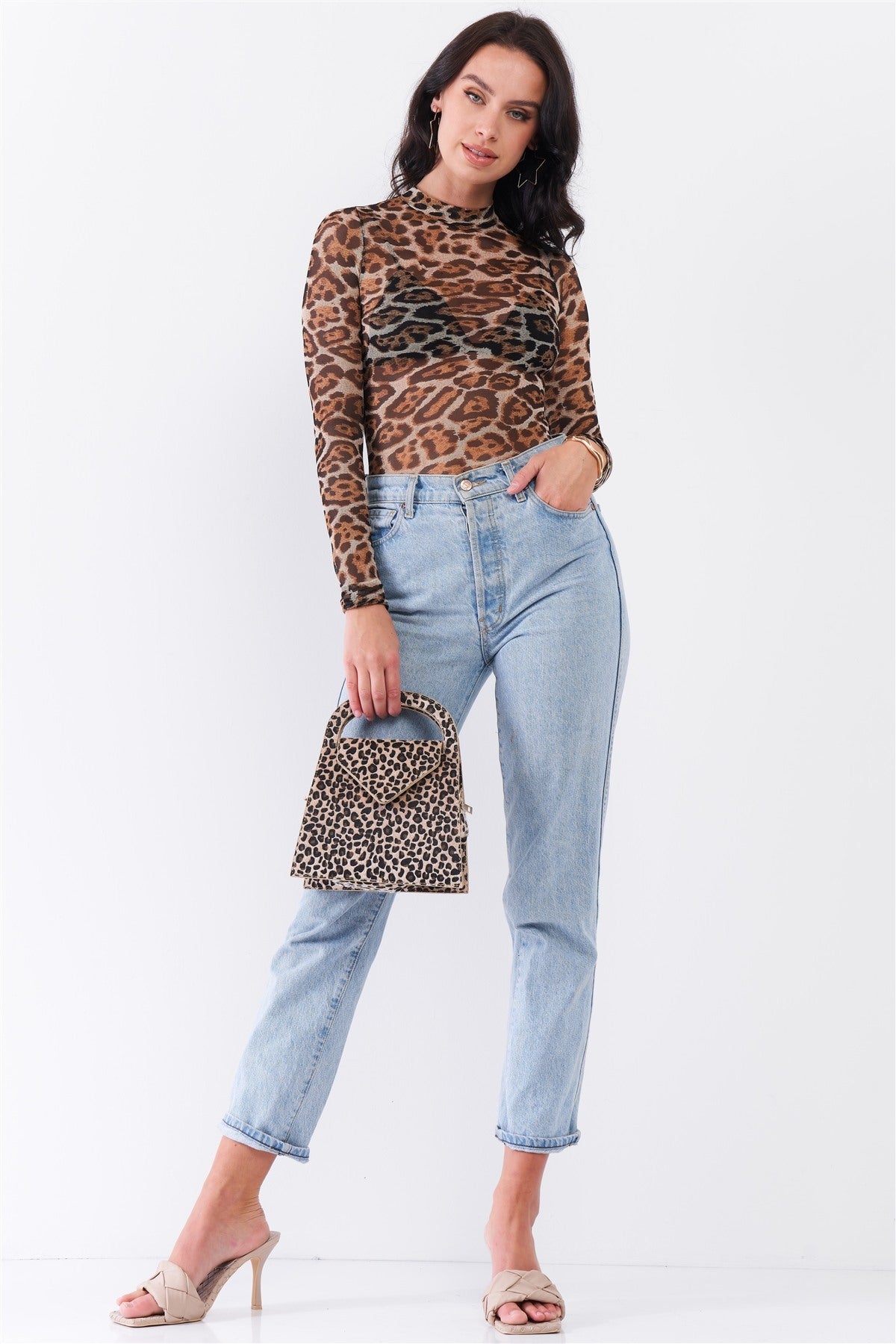 Taupe Brown Jaguar Print Sheer Mesh Mock Neck Long Sleeve Bodysuit - Keep It Tees Shop