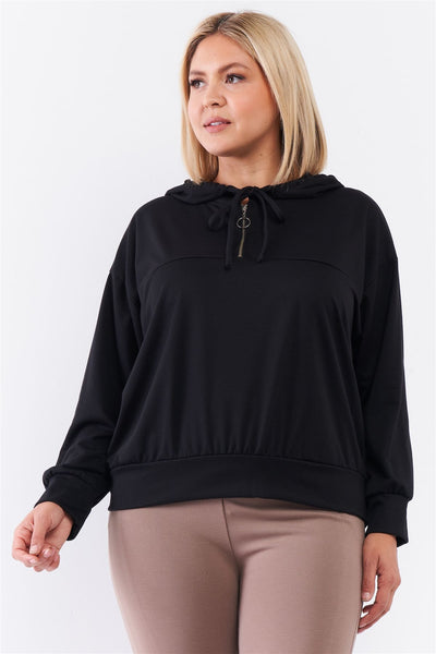 Plus Black Oversize High Neck Zip-up Detail Draw String Tie Hoodie Sweatshirt - Keep It Tees Shop