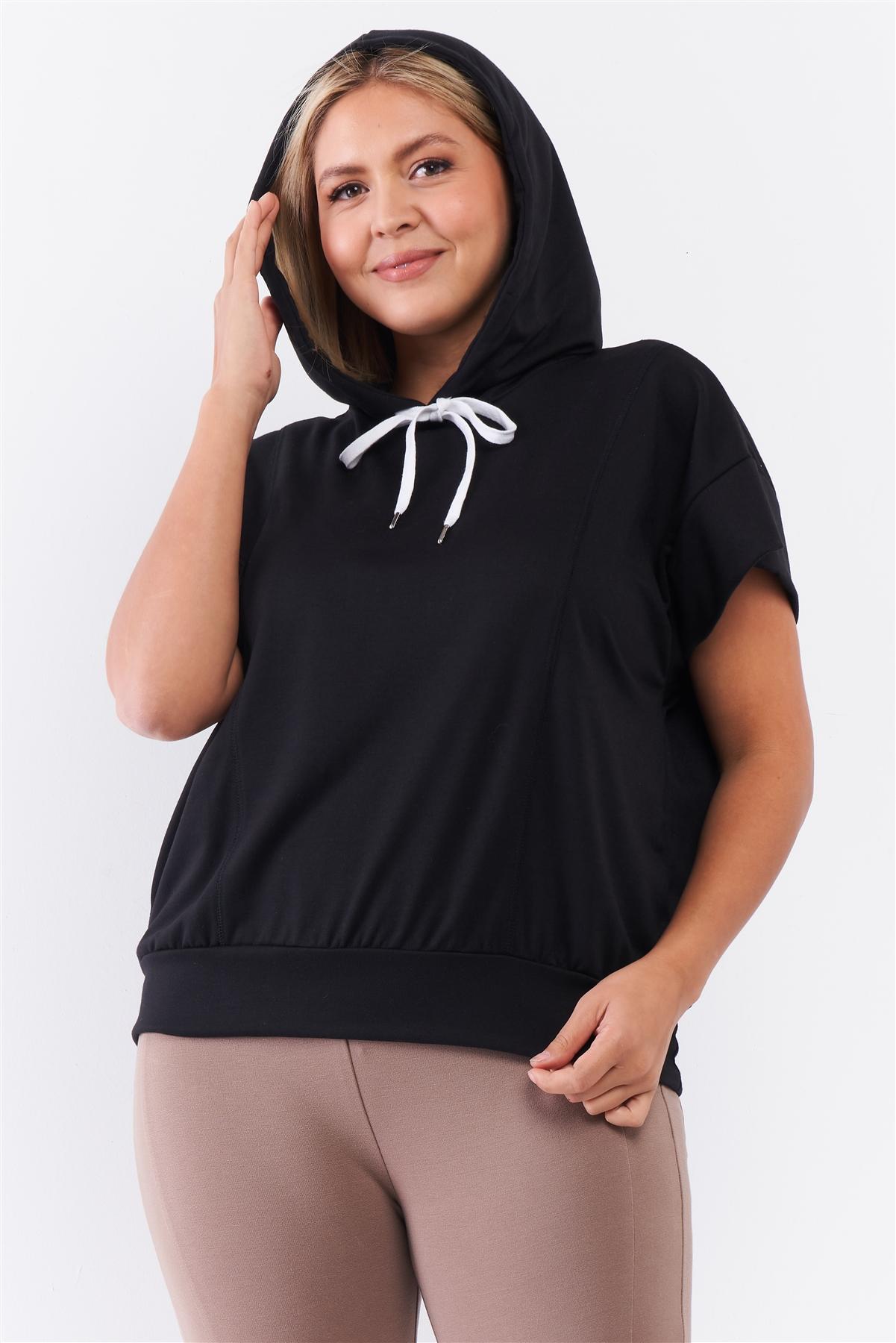 Black Short Wing Sleeve Relaxed Fit White Draw String Tie Hood Detail Top - Keep It Tees Shop