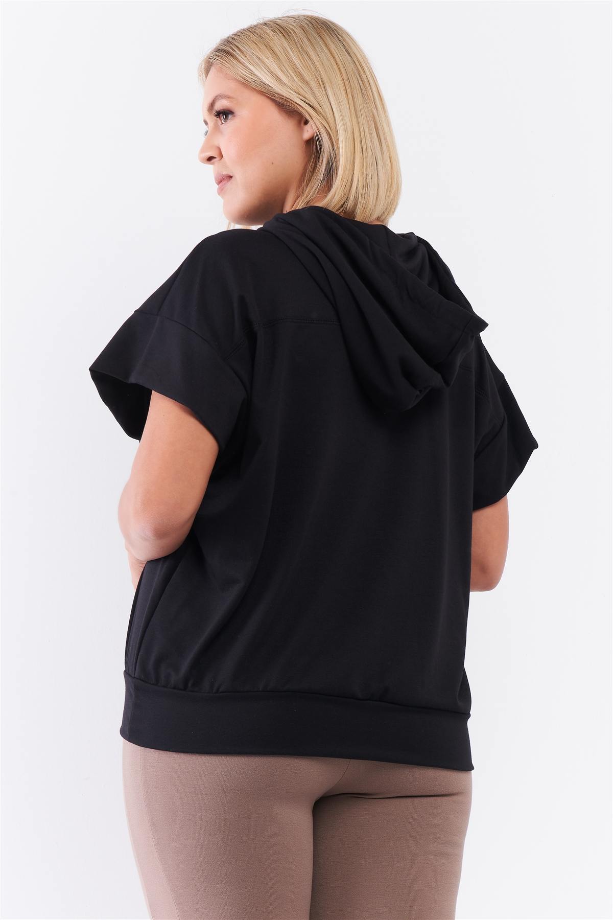Black Short Wing Sleeve Relaxed Fit White Draw String Tie Hood Detail Top - Keep It Tees Shop