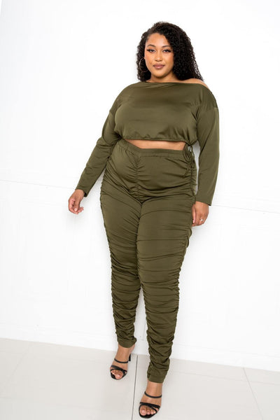 Off Shoulder Cropped Top And Ruched Leggings Sets - Keep It Tees Shop