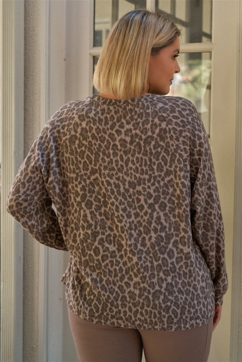 Plus Taupe & Black Cheetah Round Neck Long Sleeve Relaxed Fit Top - K I T S H O P 