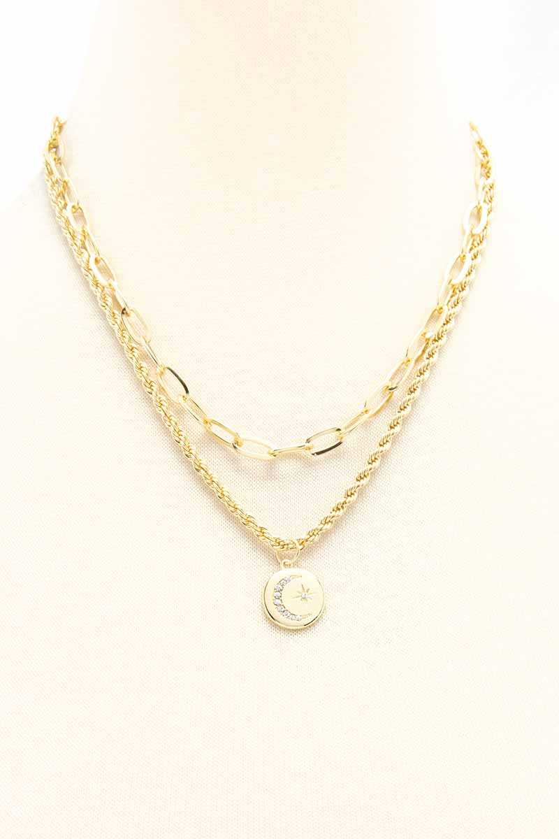 2 Layered Metal Chain Round Pendant Necklace - Keep It Tees Shop