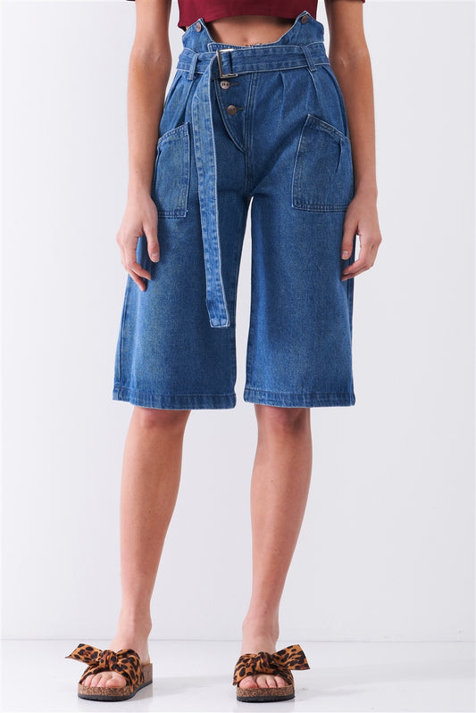 Mid Blue Denim Front Cut-out High-waist Buckle Self-tie Belt Detail Midi Flare Jean Pants - K I T S H O P 