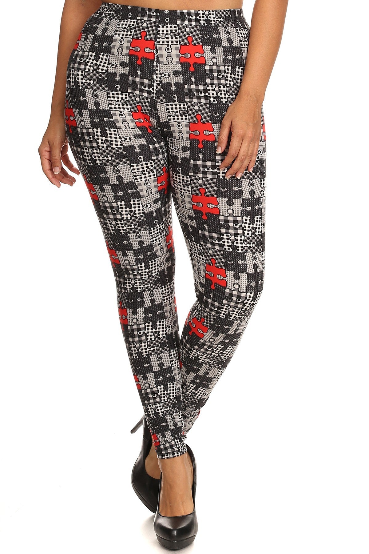 Plus Size Puzzle/plaid Print, Full Length Leggings In A Slim Fitting Style With A Banded High Waist - Keep It Tees Shop