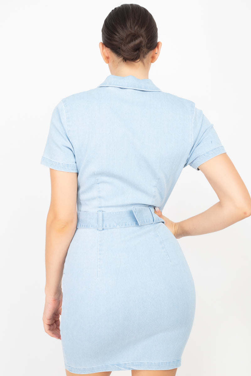 Belted Bodycon Collared Denim Dress - Keep It Tees Shop