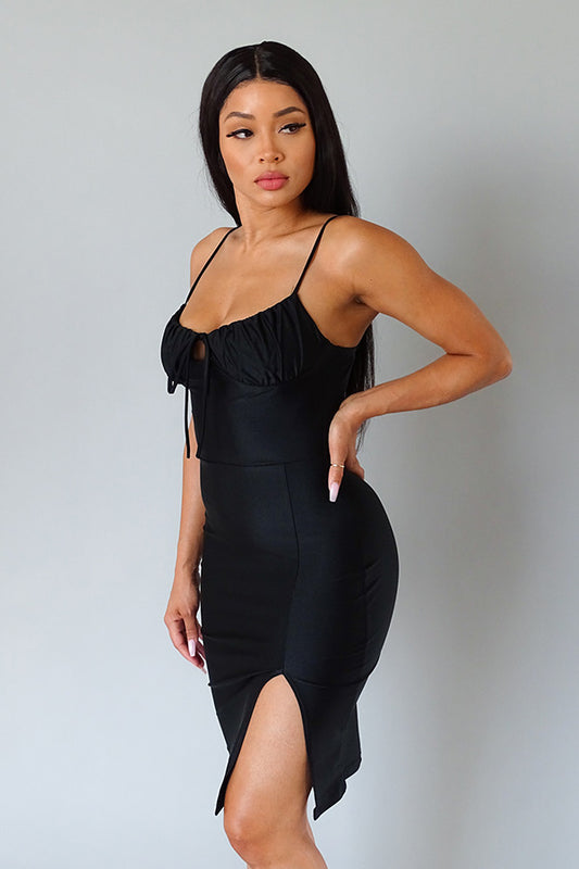 Spaghetti Ruched Bust Midi Dress - K I T S H O P 