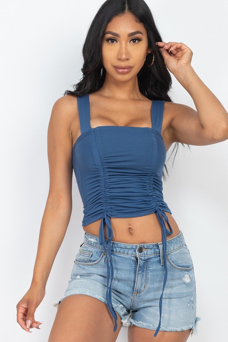 Adjustable Front Ruched With String Square Neck Crop Tops - K I T S H O P 