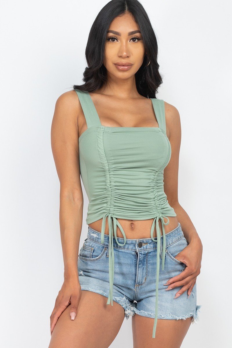 Adjustable Front Ruched With String Square Neck Crop Tops - K I T S H O P 