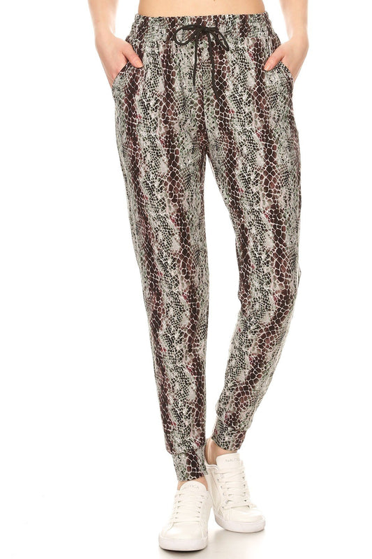 Snakeskin Printed Joggers With Solid Trim, Drawstring Waistband, Waist - K I T S H O P 