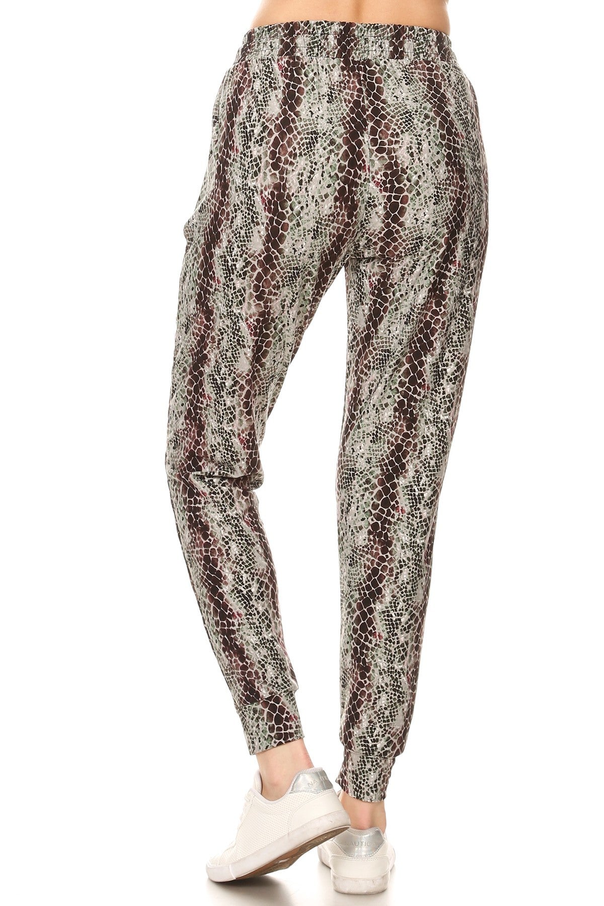 Snakeskin Printed Joggers With Solid Trim, Drawstring Waistband, Waist - K I T S H O P 