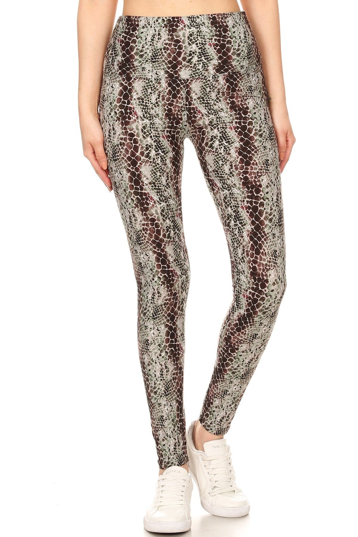 Yoga Style Banded Lined Snakeskin Printed Knit Legging With High Waist. - K I T S H O P 