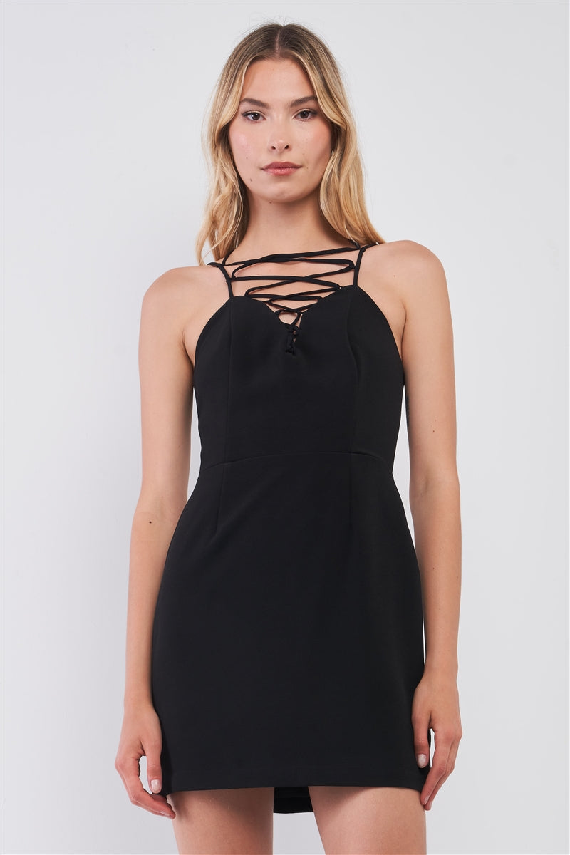 Black Slim Fit Sleeveless V-neck Front Corset Inspired Tie-up Detail Cocktail Mini Dress - K I T S H O P 