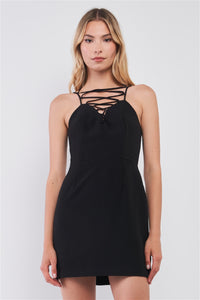 Black Slim Fit Sleeveless V-neck Front Corset Inspired Tie-up Detail Cocktail Mini Dress