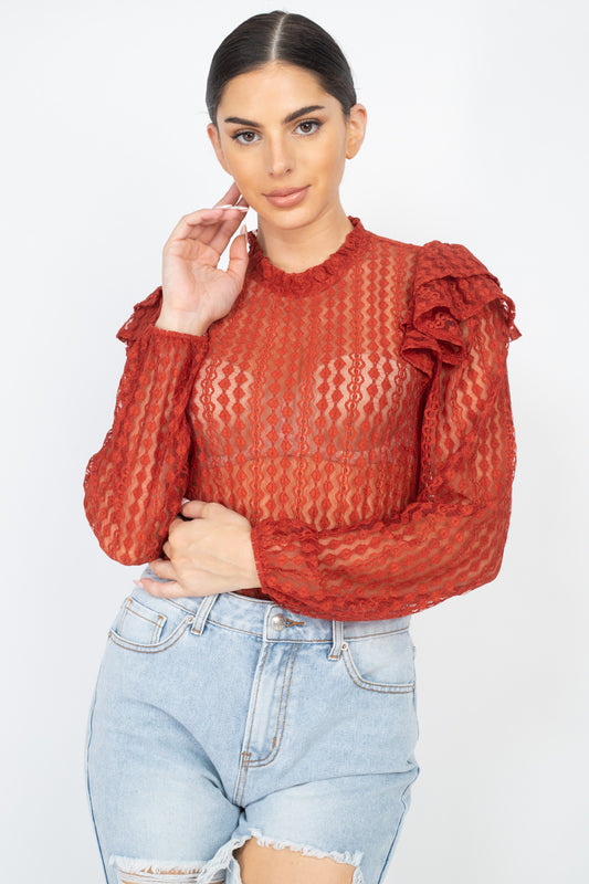 Sheer Crochet Lace Ruffled Top - K I T S H O P 