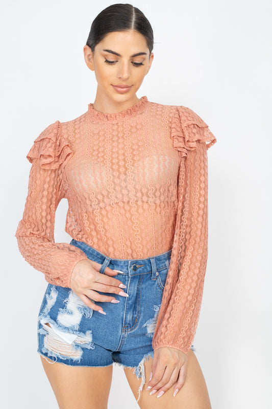 Sheer Crochet Lace Ruffled Top - K I T S H O P 