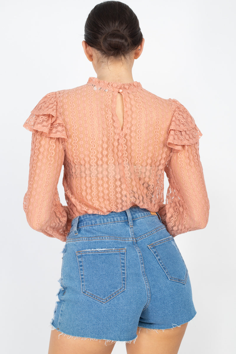 Sheer Crochet Lace Ruffled Top - K I T S H O P 