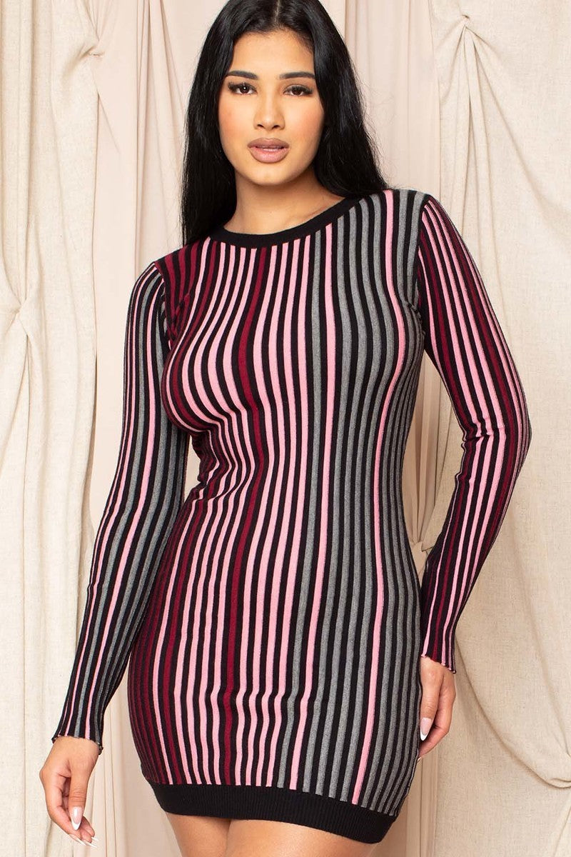 Multi-color Striped Ribbed Dress - K I T S H O P 