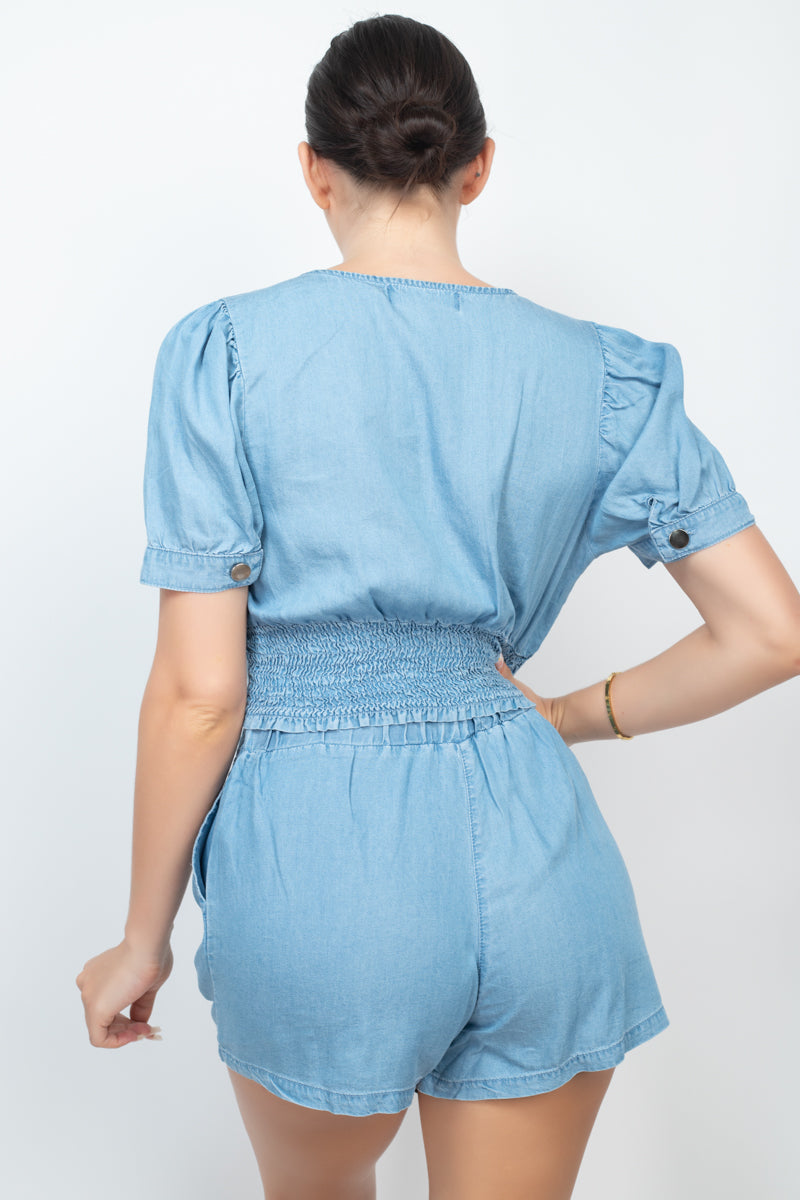 Button-front Denim Top And Shorts Set - K I T S H O P 