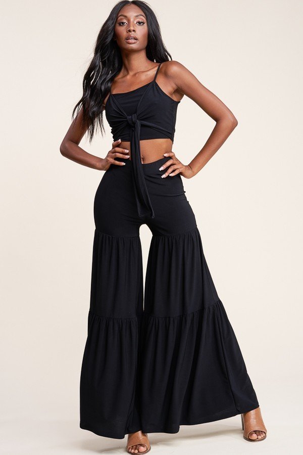 Solid Tie Front Spaghetti Strap Tank Top And Tiered Wide Leg Pants Two Piece Set - K I T S H O P 