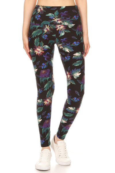 Long Yoga Style Banded Lined Floral Printed Knit Legging With High Waist