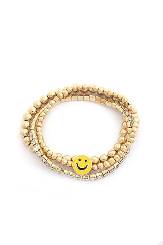 Enamel Happy Face Charm Rhinestone Ball Bead Bracelet Set