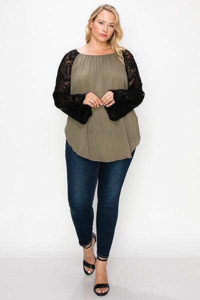 Solid Top Featuring Flattering Lace Bell Sleeves