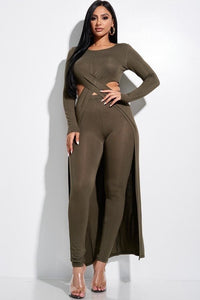 Solid Heavy Rayon Spandex Long Sleeve Crossed Over Long Top And Leggings 2 Piece Set