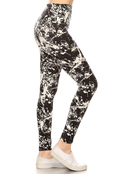 Long Yoga Style Banded Lined Paint Splatters Printed Knit Legging With High Waist