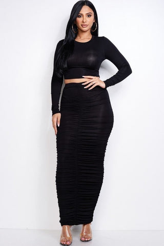 Solid Heavy Rayon Spandex Long Sleeve Cropped Top And Ruched Maxi Skirt Two Piece Set